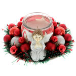 Christmas arrangement with red-white candle and angel 15cm 1