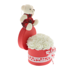 Floral arrangement white foam roses and teddy bear 1