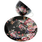 Set of 6 Tea Mugs Black Satin Flowers 3