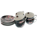 Set of 6 Tea Mugs Black Satin Flowers 4