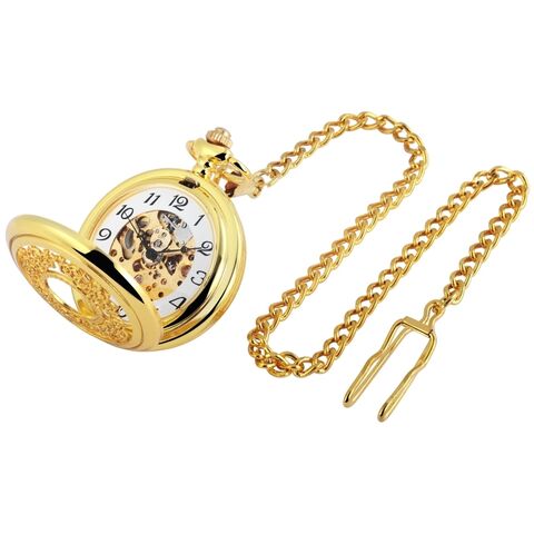 Golden mechanical pocket watch with chain