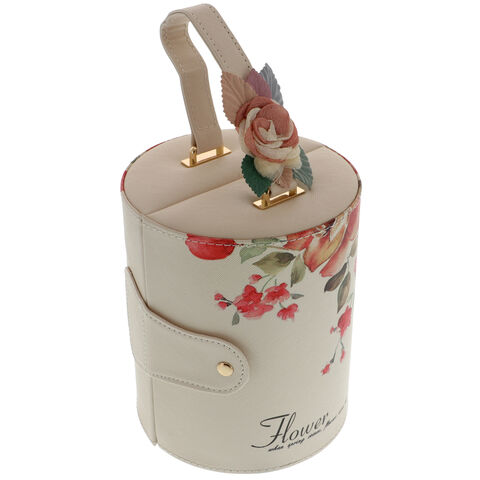 Round jewelry box with handle, Flowers