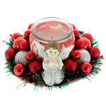 Christmas arrangement with red-white candle and angel 15cm