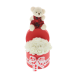 Floral arrangement white foam roses and teddy bear 2