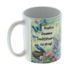Cadou Doamna Învățătoare – Cană Personalizată 350ml cu Flori