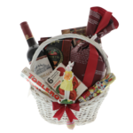 Coș cadou Paște Sweet Bunny – coș festiv cu vin Bordeaux, cozonac, dulciuri și iepuraș decorativ