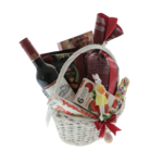 Coș cadou Paște Sweet Bunny – coș festiv cu vin Bordeaux, cozonac, dulciuri și iepuraș decorativ 2