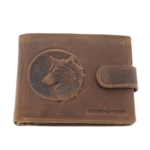 Men's wallet natural leather brown embossed wolf 10x12cm