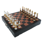 Exkluzív sakk bőr doboz fiókos fa-réz figurákkal 40cm 1
