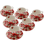 Set of 6 porcelain tea cups with poppies