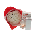 Set Cadou Femei cu Buchet de Trandafiri Albi, Parfum Yes Woman și Praline Raffaello