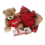 Set Cadou Romantic cu Buchet de Trandafiri Roșii, Ursuleț și Ciocolată 2