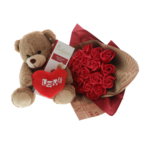 Set Cadou Romantic cu Buchet de Trandafiri Roșii, Ursuleț și Ciocolată