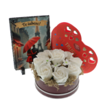 Set cadou-Te iubesc cu aranjament trandafiri, placa personalizata si praline