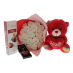 Set cadou Te Iubesc cu Ursuleț, Buchet Trandafiri, Breloc inima si Praline