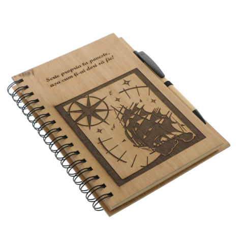 Agenda din bambus personalizată cu corabie– „Scrie propria ta poveste”