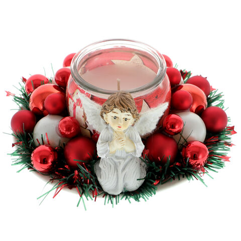 Christmas arrangement with red-white candle and angel 15cm