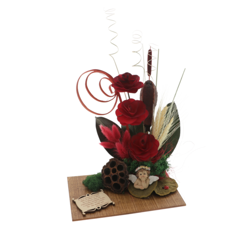 Aranjament floral cu begonii si inger personalizat