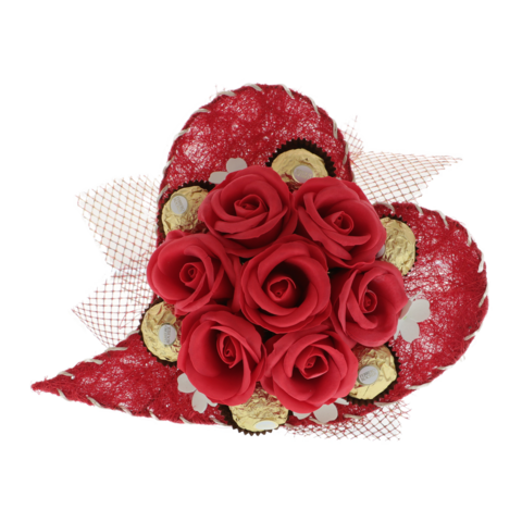 Buchet inima trandafiri rosii cu ciocolata