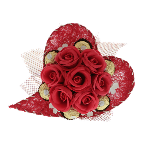 Heart bouquet of red roses with chocolate