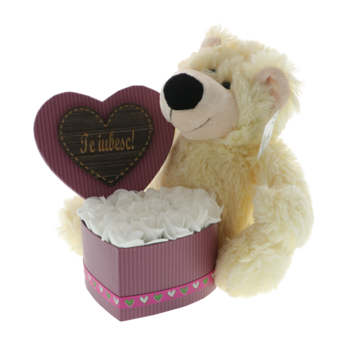 Cadou cu Dragoste - Aranjament Floral Trandafiri și Ursulet de Pluș