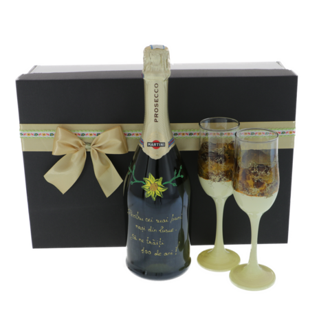 Cadou pentru nasi Prosecco cu 2 pahare pictate