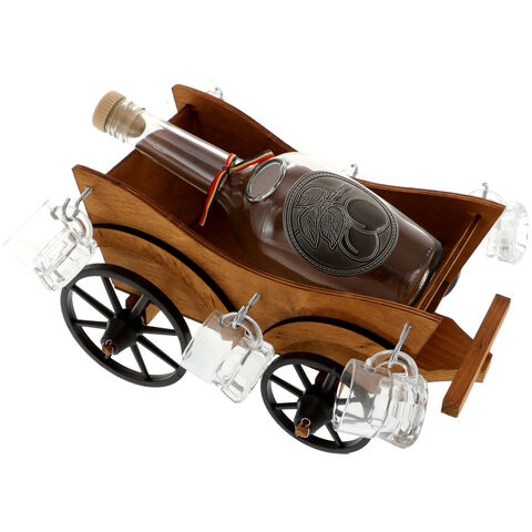 Wooden chariot with bottle and mugs