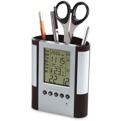 Alarm clock with thermometer and penholder