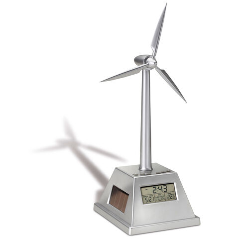 Clock with solar powered wind turbine