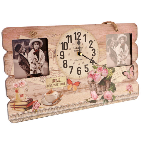 Wooden wall clock with photo frames