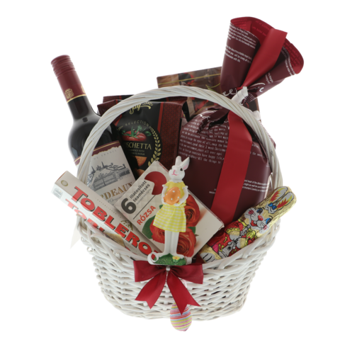 Coș cadou Paște Sweet Bunny – coș festiv cu vin Bordeaux, cozonac, dulciuri și iepuraș decorativ