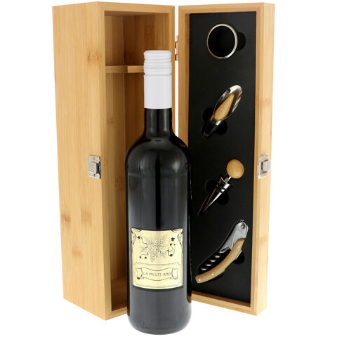 Bamboo Box with Accessories and Wine