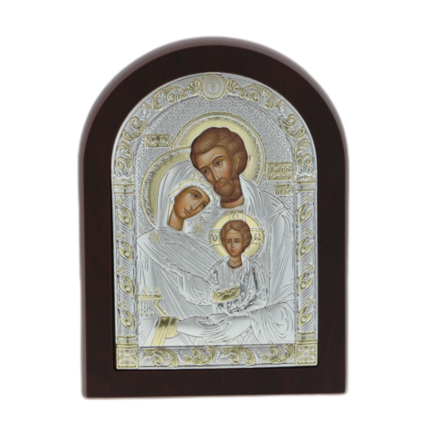 Vaulted Orthodox icon with silver Holy Family 15cm