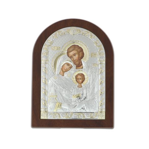 Szent Család boltíves ortodox ikonja ezüsttel 19 cm