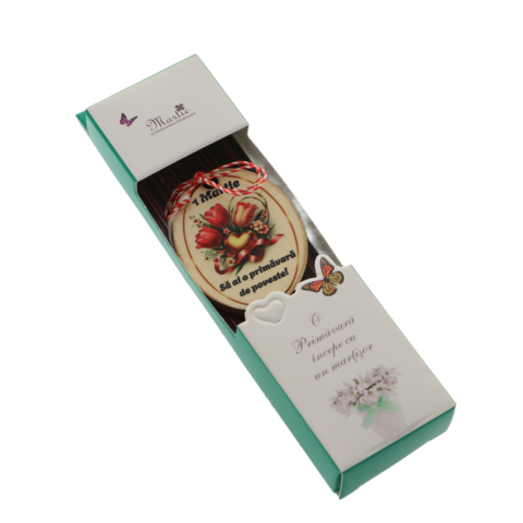 Wooden Brooch Martisor “Fairytale Spring” with Tulips – Handmade Pendant in Butterfly Gift Box