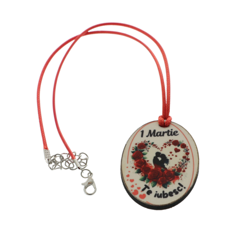 Mărțișor Colier „Te iubesc” cu Șnur Ajustabil – Pandantiv din Lemn Personalizat, 1 Martie