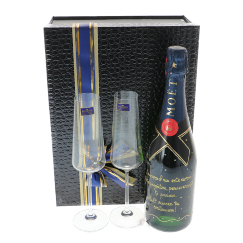 Moët Nectar Personalizat cu 2 Pahare de Cristal în Cutie Cadou Elegantă