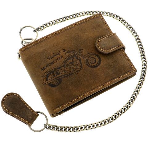 Men's Leather Wallet with Chain and Motorcycle