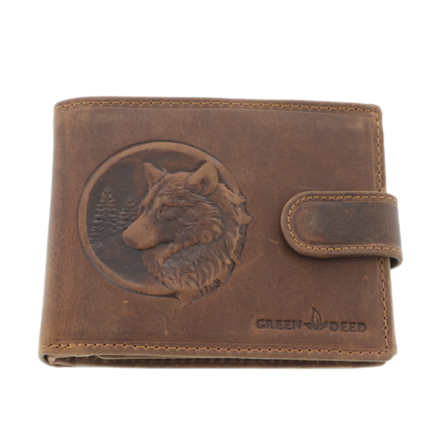 Men's wallet natural leather brown embossed wolf 10x12cm