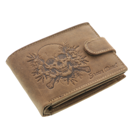 Portofel Craniu din piele naturală maro cu capsă și RFID – Portofel bărbați personalizabil