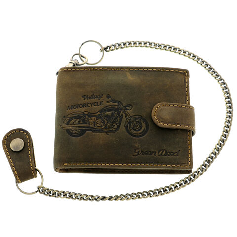 Brown leather wallet with RFID motorcycle chain