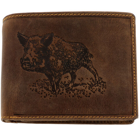 Leather men's wallet with wild boar