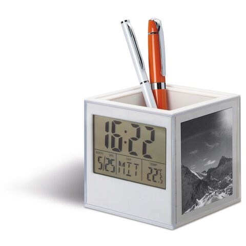 Penholder with clock and calendar