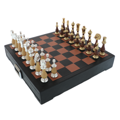 Exkluzív sakk bőr doboz fiókos fa-réz figurákkal 40cm