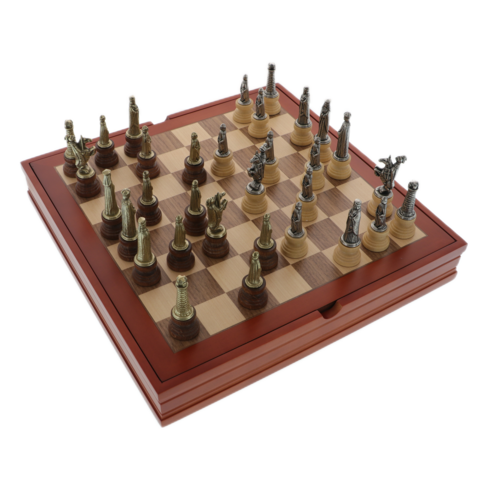 Exclusive chess in a wooden box with wooden and metal medieval figurine pieces 37cm