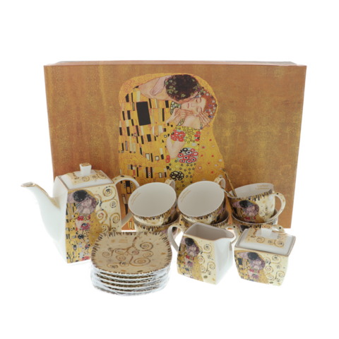 21 darabos Klimt Kiss Krém porcelán teáskanna és csészék készlete