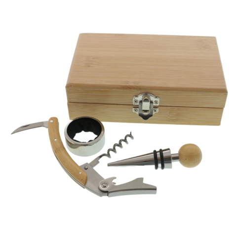 3 Részes Boros Kiegészítő Szett Személyre Szabható Bambusz Dobozban – Multifunkciós Dugóhúzó, Cseppfogó Gyűrű és Bordúgó