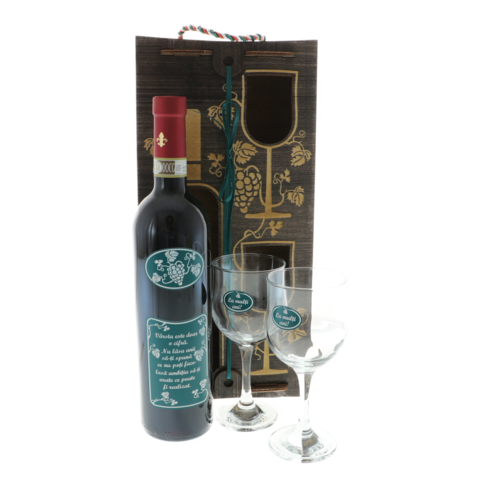 Set cadou Ambiția vin personalizat și pahare în cutie lemn
