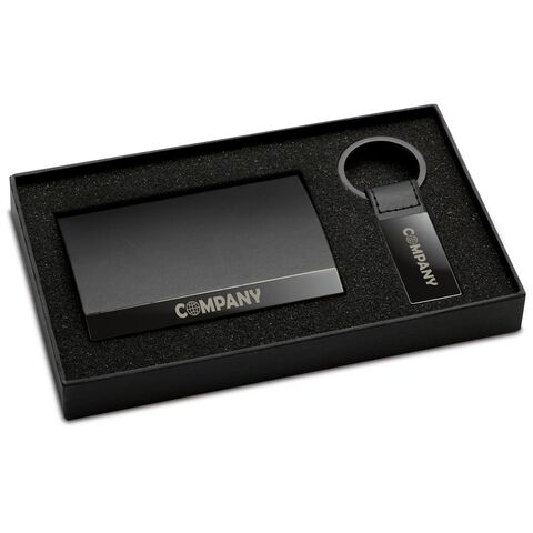 Leather business card holder and keyring gift set