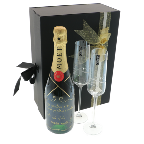 Set cadou Cerere Nași Moet personalizat cu pahare cristal